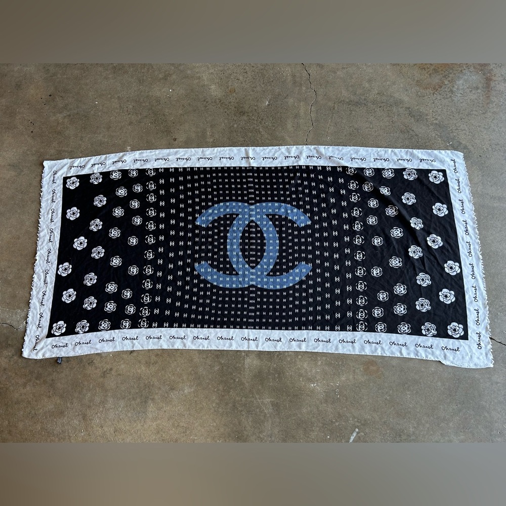 Chanel large black and cream silk scarf made in Italy.